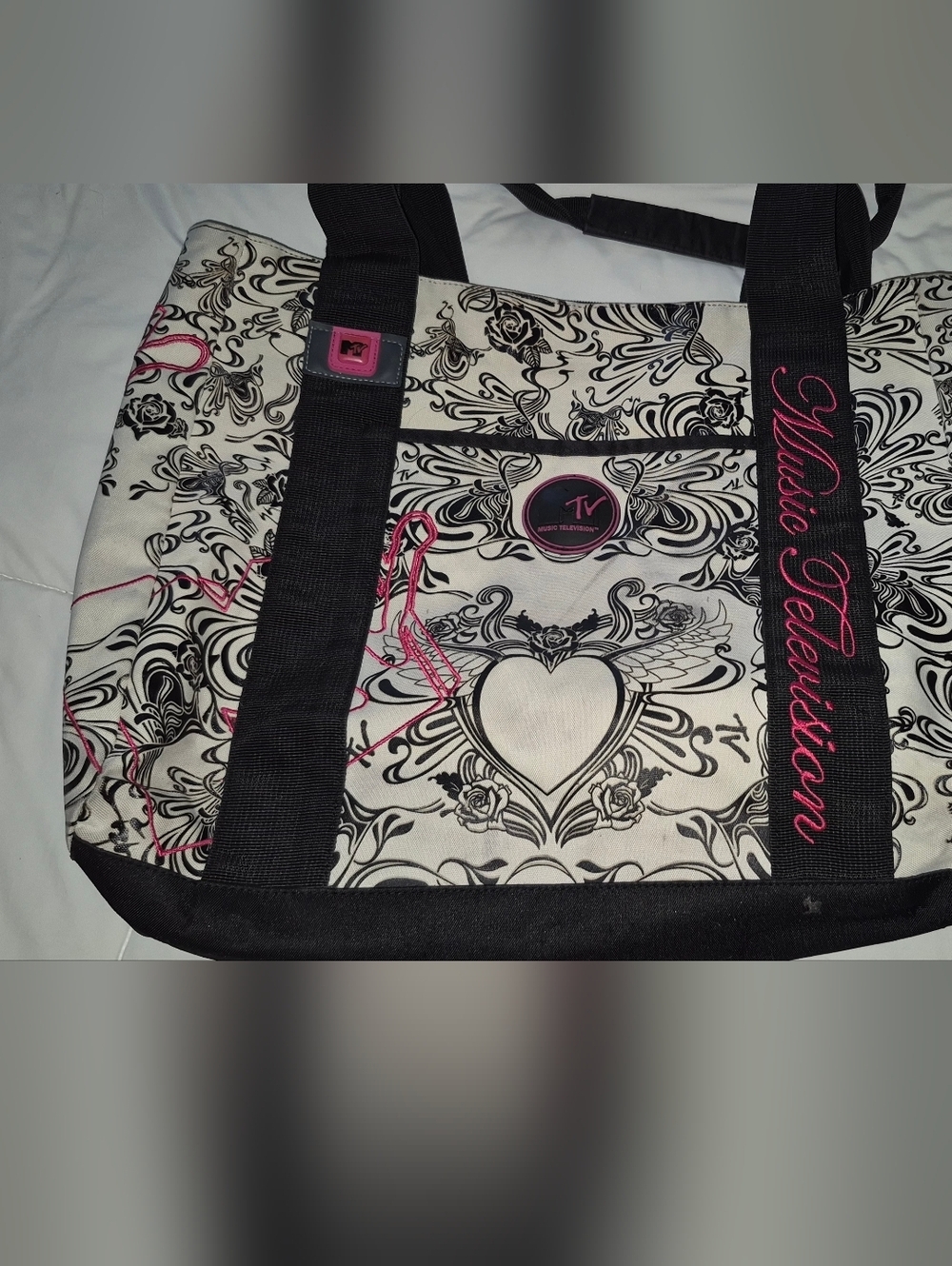 Vintage MTV Black and White Tote with Pink Accents